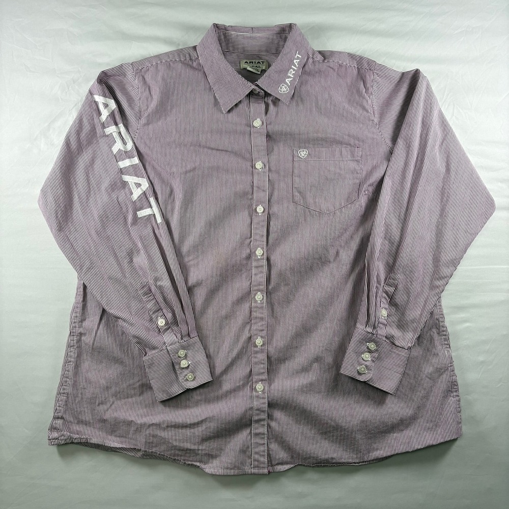 Ariat ReAL Button Down Shirt‎ Womens 1X Purple Striped Logo Sleeve Western